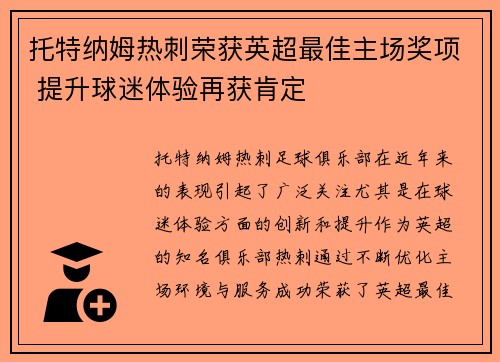托特纳姆热刺荣获英超最佳主场奖项 提升球迷体验再获肯定